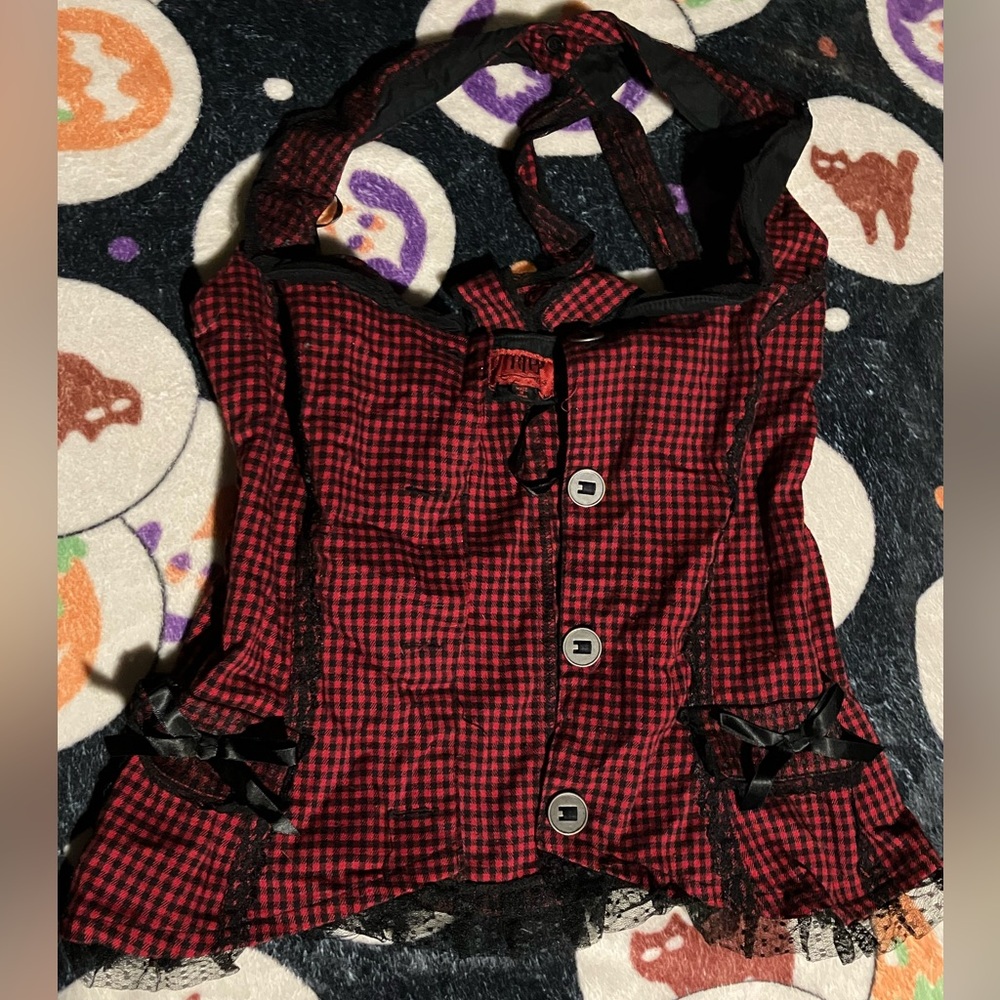 Vintage Tripp NYC Red and Black Plaid gingham lace up back halter corset vest